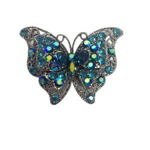 Vintage Fashion Butterfly Brooch Crystal Rhinestones Blue Aqua Teal Silver Tone